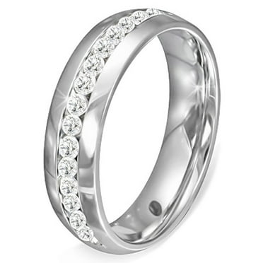 Stainless Steel Blue Sandblasted Channel-Set Eternity Comfort Fit Band Ring withClear CZ 